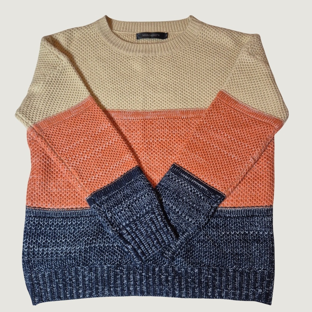 MEROKEETY Colorblock Sweater Womens M Streetwear Acrylic Relaxed Orange Navy